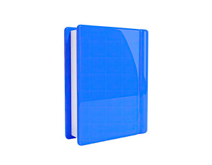 A vibrant, glossy, blue book with white pages, isolated on a black background