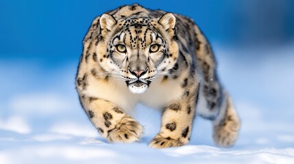 Obraz premium Snow Leopard Running in Snowy Landscape Against Blue Background