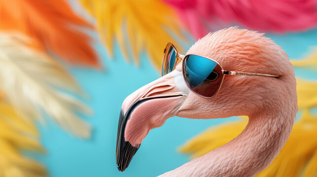 Fashionable flamingo wearing sunglasses poses against vibrant background of colorful feathers, exuding playful and stylish vibe