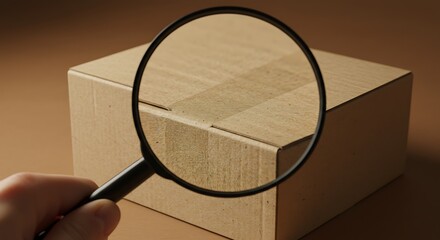 Hand holding magnifying glass inspecting a cardboard shipping box on a brown surface