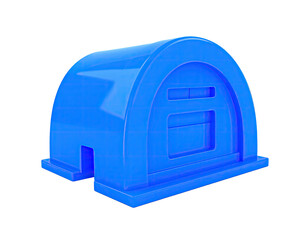 A bright blue, glossy, arched structure with a large front opening, on black