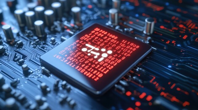 Digital Circuit Board with Processor and Binary Code Abstract Design