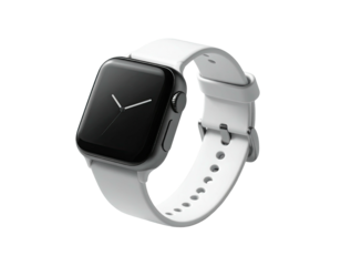 Modern digital smartwatch with a dark screen and white band, on black background
