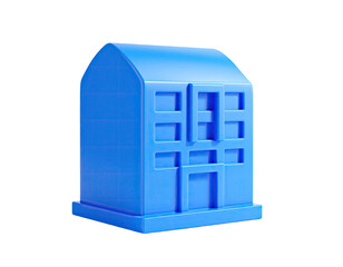 A 3D rendering of a blue stylized building, isolated against a black background