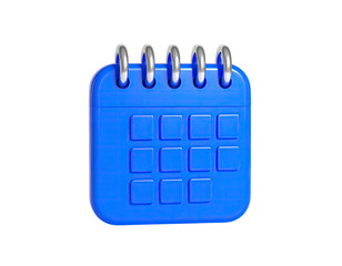 A glossy, blue calendar icon with silver spiral rings, rendered against black