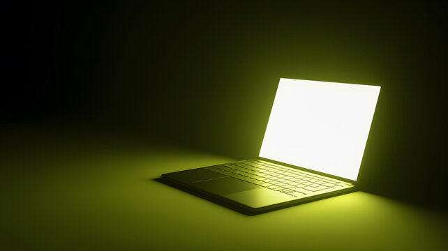 Modern laptop glowing brightly in dark minimalist space, inspiring digital creativity and innovation