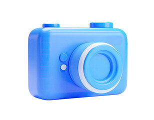 A glossy, light blue 3D render of a cartoon camera with rounded edges
