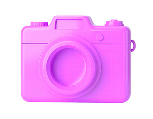 A vibrant pink, minimalist 3D rendering of a classic digital camera