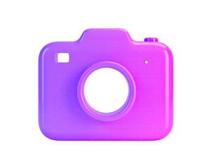 Rendered, vibrant, purple-pink camera icon, minimalist style, black background