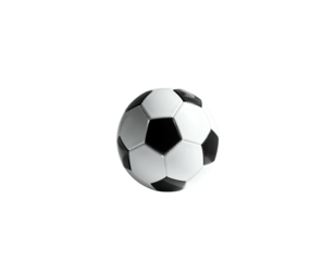 A classic black and white soccer ball, centered and isolated on a pure black background