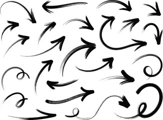 Brushstroke arrows vector set, hand drawn sketch style, curved spiral straight looped arrows, black ink direction symbols, isolated design