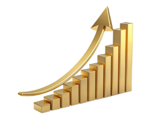 Golden bar graph with upward arrow indicating growth on a black isolated background in a studio shot created with generated ai