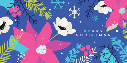 Floral Merry Christmas design. Modern vector illustration with winter flowers, leaves, snowflakes on dark background. Festive holiday decoration for posters,  prints, invitations.