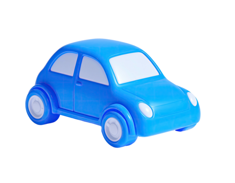 Vibrant blue toy car with rounded features, white windows & wheels, isolated