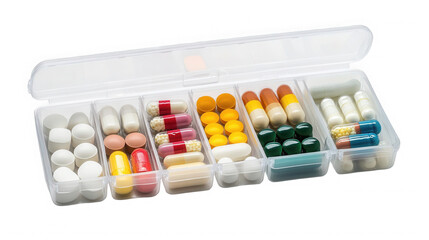 Pill box with assortment of pills isolated on transparent background, healthcare