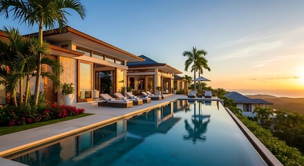 Fototapeta premium Connectivity luxury villa with infinity pool overlooking tropical landscape at sunset