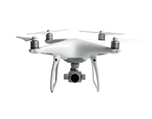 Modern, white quadcopter drone suspended, facing the camera with camera below