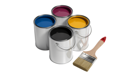 Vibrant paint cans and brush ready for creative DIY projects and home decor