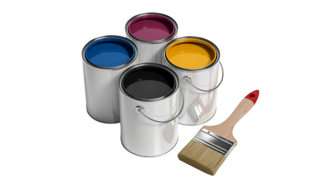 Vibrant paint cans and brush ready for creative DIY projects and home decor