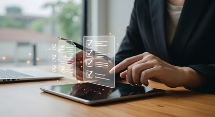 Digital Checklist on Tablet: Businesswoman Completing Tasks