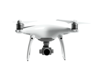 Sleek white quadcopter drone with camera, suspended against a pure black background