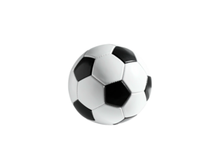A classic black and white soccer ball floats against a solid black background