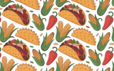 Seamless pattern of tacos corn and red peppers food