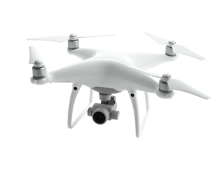 Isolated white aerial drone, four propellers, camera gimbal, black background