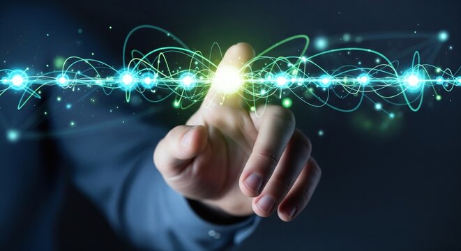 Businessman's hand touching a bright, glowing, futuristic digital data stream of connected light particles and energy transfer lines on a dark background