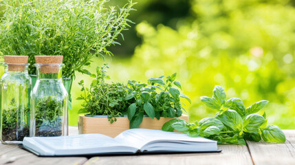 Fresh herbs in jars and wooden box beside open book create serene atmosphere for gardening enthusiasts