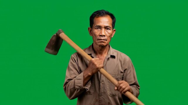 Mature person holding hoe in studio setting