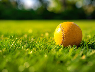 Yellow ball on picturesque green course at sunset. Pitch is perfectly prepared, grass is neatly trimmed. Reflection of sun rays on surface of ball and texture of grass. Copy space.