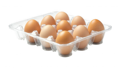 Ten brown eggs in a clear plastic container isolated on transparent background