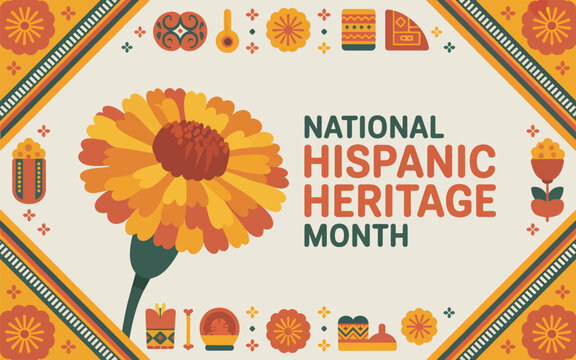 National Hispanic Heritage Month text with floral and cultural motifs