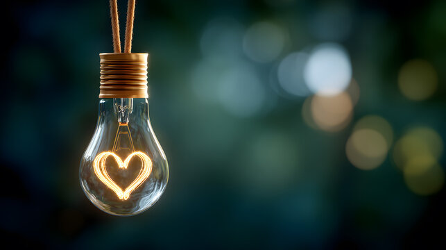 Glowing heart shaped lightbulb symbolizing love, innovation, and new ideas with bokeh background - Powered by Adobe