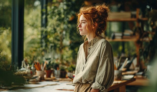 Redhead woman artist contemplating new creative ideas in studio