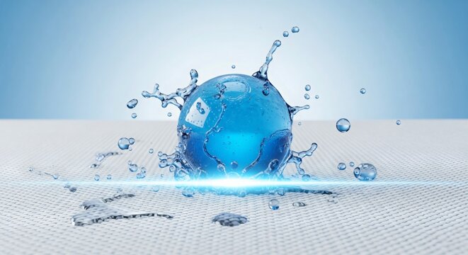 Close-up shot of a large blue water drop splashing against a white waterproof fabric or textile surface illustrating hydrophobic protection