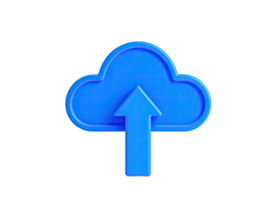 A 3D rendering of a blue cloud with a vertically pointing upload arrow on black