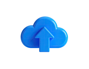 Blue, 3D cloud with an upward arrow, against a stark black background