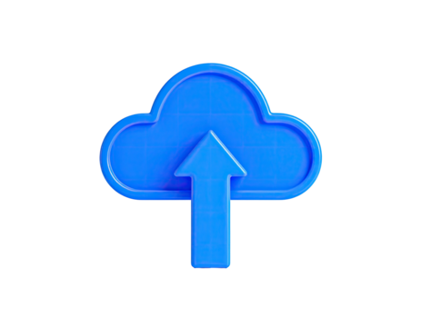 A 3D rendering of a blue cloud with a vertically pointing upload arrow on black