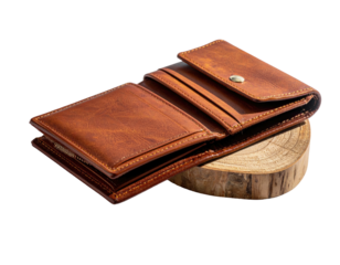 Open brown leather wallet atop a wooden slice, revealing compartments