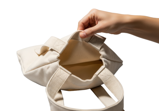 Light-skinned hand pulling open off-white canvas tote, revealing thick cotton weave and stitching. Dramatic macro with raking light, sculpted shadows. Concept of premium tactile quality