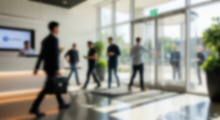 Defocused business people walking through a modern office lobby with a man in the foreground carrying a briefcase and moving with a sense of motion
