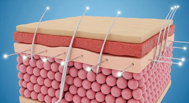 Deep skin layers anatomy model illustration with threads penetrating the epidermis and dermis for cosmetic rejuvenation lifting procedure on a blue background