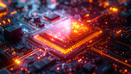 Cybernetic Circuitry: An abstract, close-up glimpse of a computer's central processing unit (CPU), illuminated with vibrant hues of orange and blue.