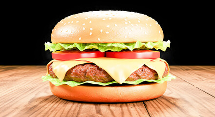 A perfectly crafted classic cheeseburger featuring a juicy beef patty, melted cheese, fresh lettuce, and ripe tomatoes on a rustic wooden table against a dark background