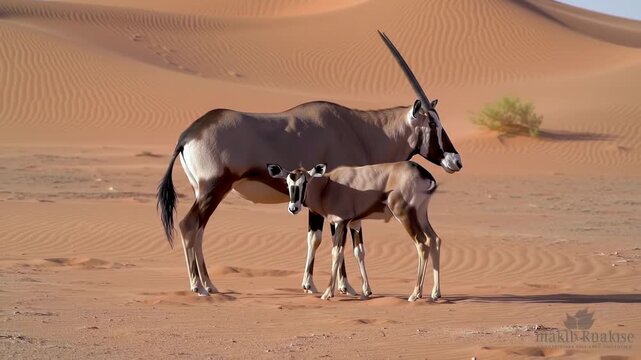 Mother oryx and calf in desert landscape natural light wildlife photography family relationship