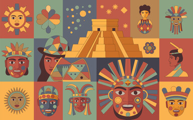 Mesoamerican cultural motifs sun pyramid and faces