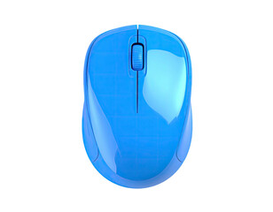 Bright blue wireless computer mouse on a black background, overhead view