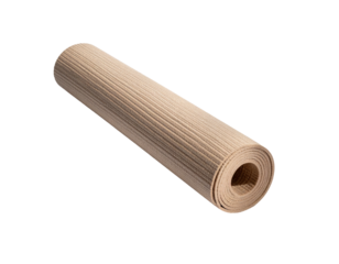 Rolled-up beige yoga mat with textured ridges, isolated on a black background